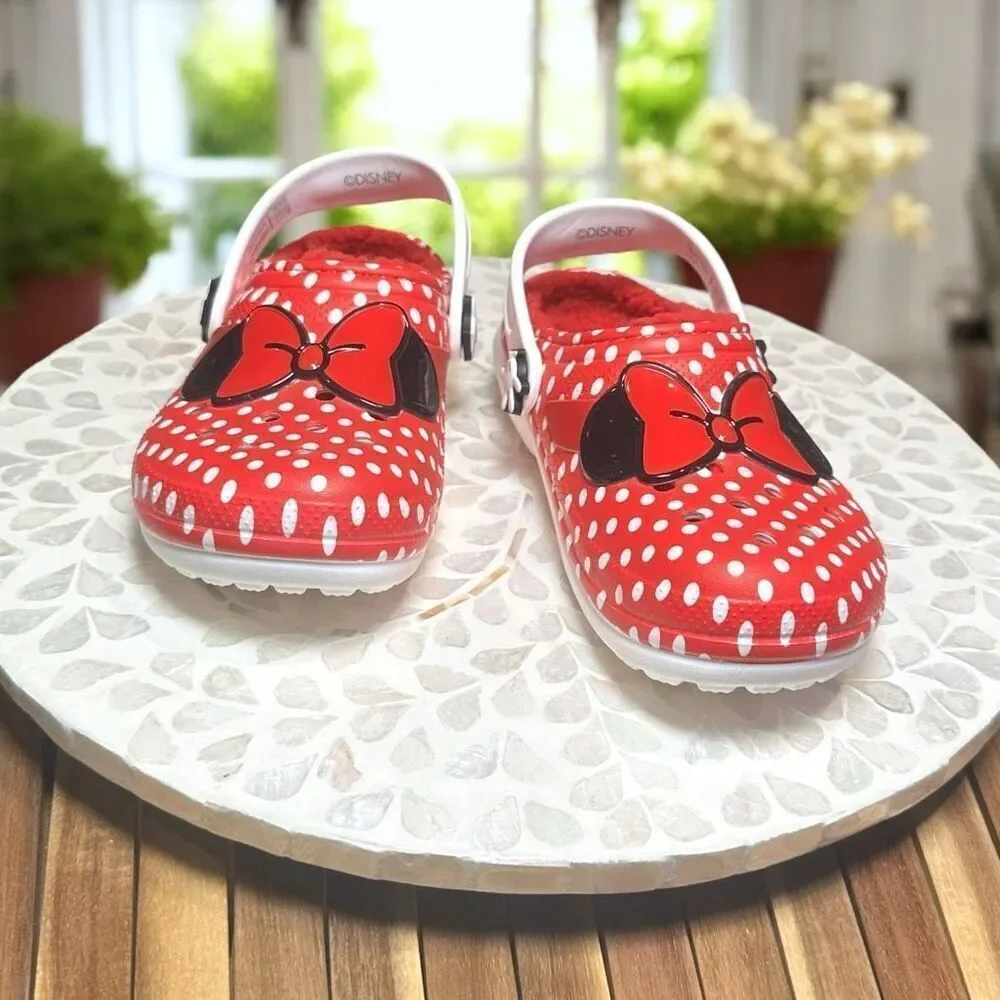 Crocs Kids Minnie Mouse Lined Classic Clog Red Polka Dot Cozy Disney Parks Size